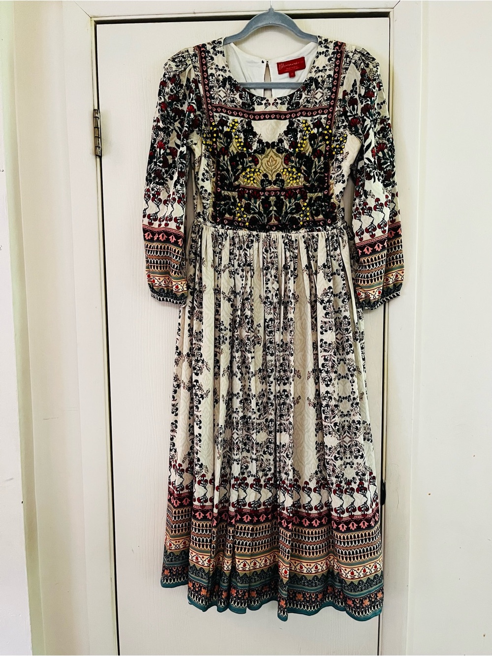 Anthropologie Cottagecore Romantic Indian Block Print Festival Beaded Midi Dress